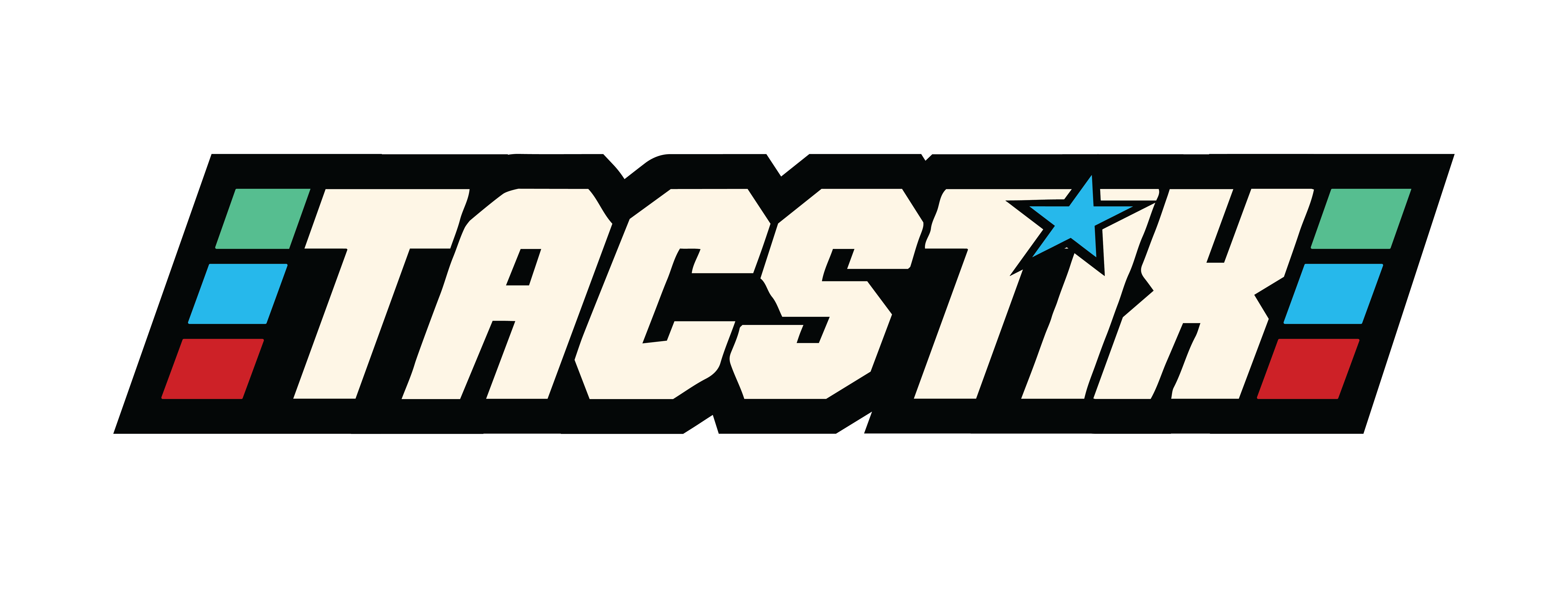 Tacstix Banner sticker with Tacstix wordmark and green, blue and red stripes