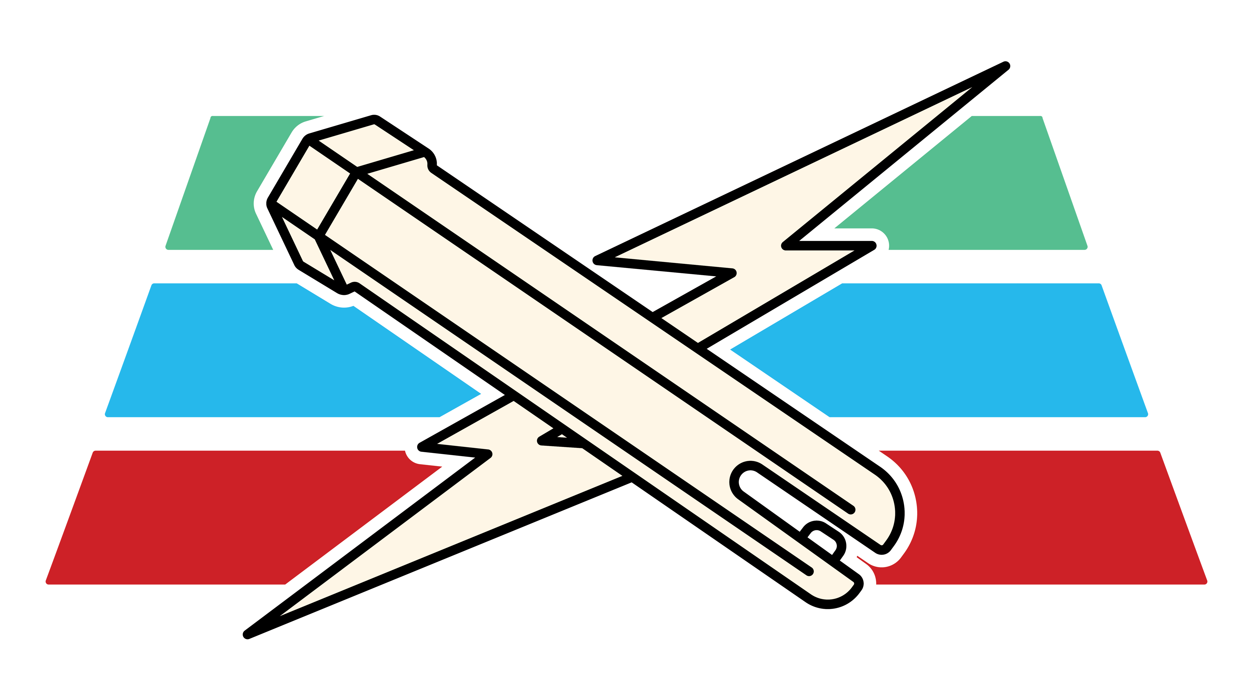 Tacstix Logo sticker: room marker crossed with a lightning bolt over green, blue and red stripes