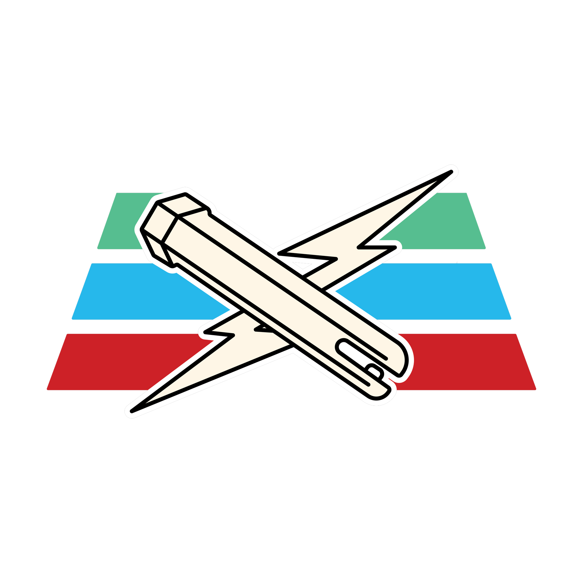 Tacstix Logo sticker: room marker crossed with a lightning bolt over green, blue and red stripes
